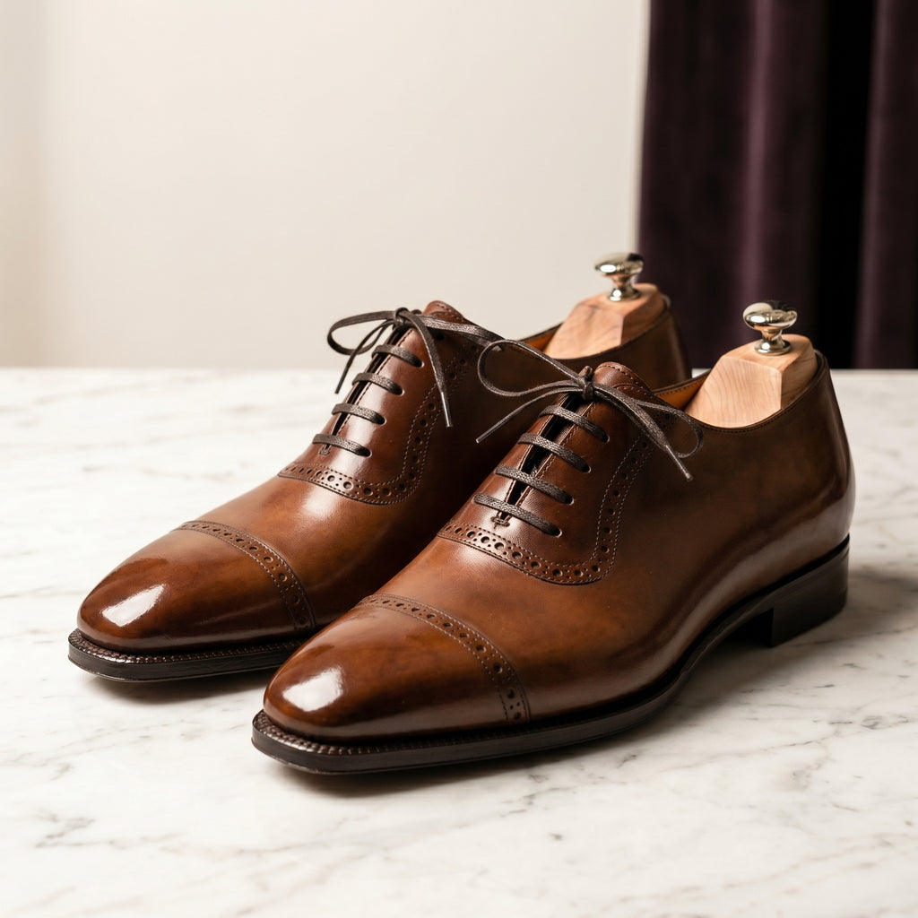 Men's Tan Leather Brogue Oxford Shoes-Azzella London