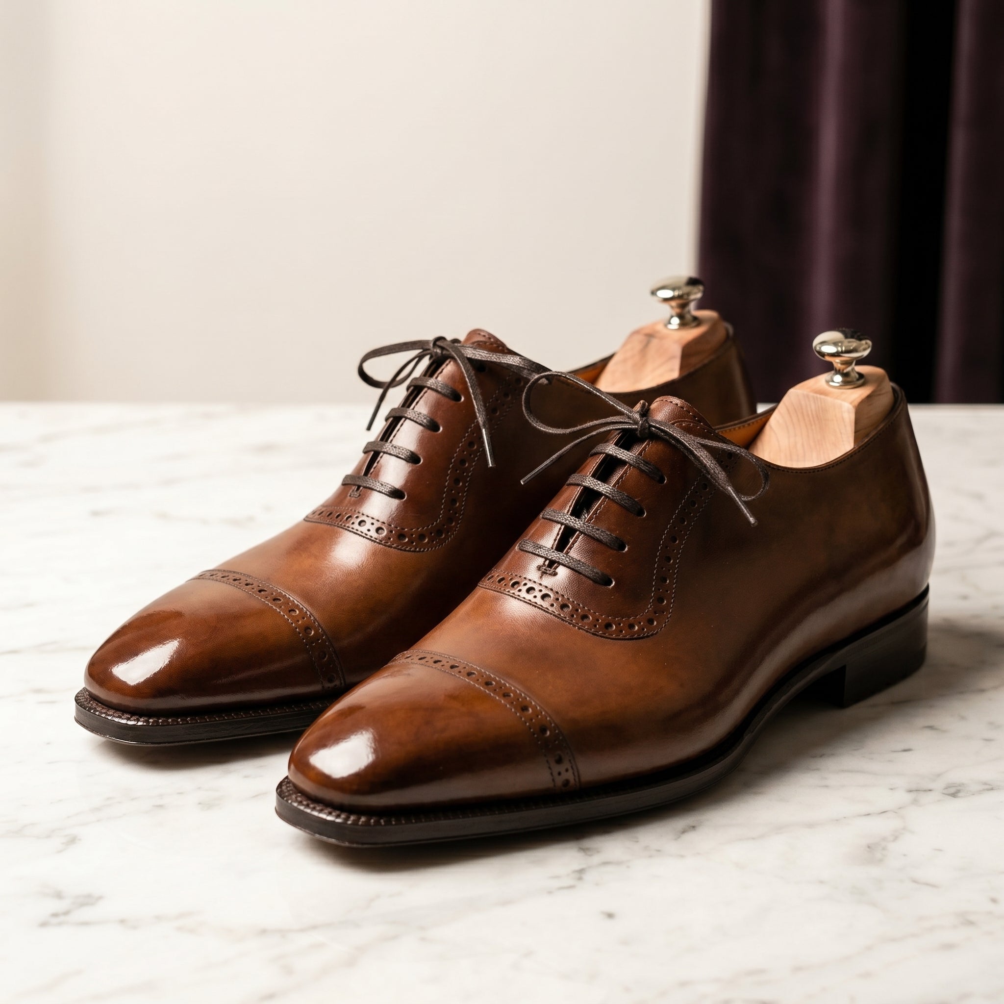 Men's Tan Leather Brogue Oxford Shoes-Azzella London