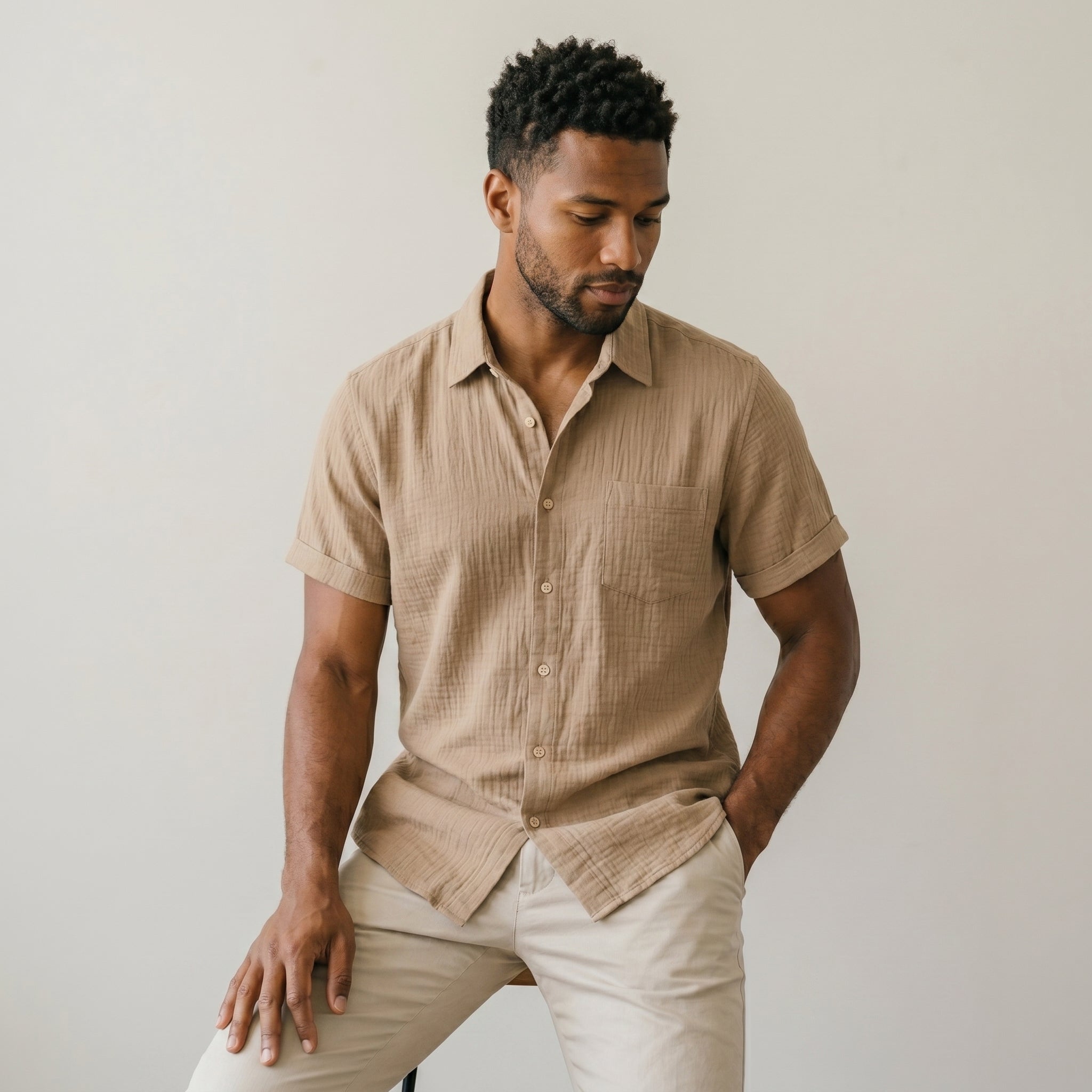 Men's Textured Camp-Collar Short-Sleeve Button-Down Shirt-Azzella London