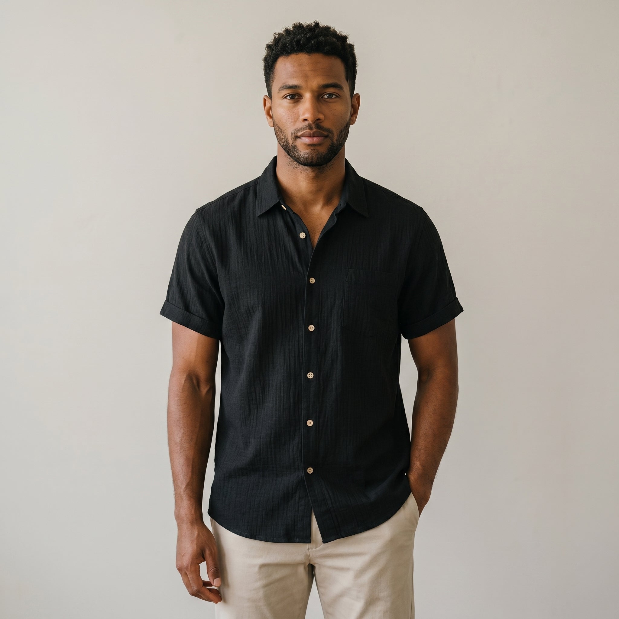 Men's Textured Camp-Collar Short-Sleeve Button-Down Shirt-Azzella London