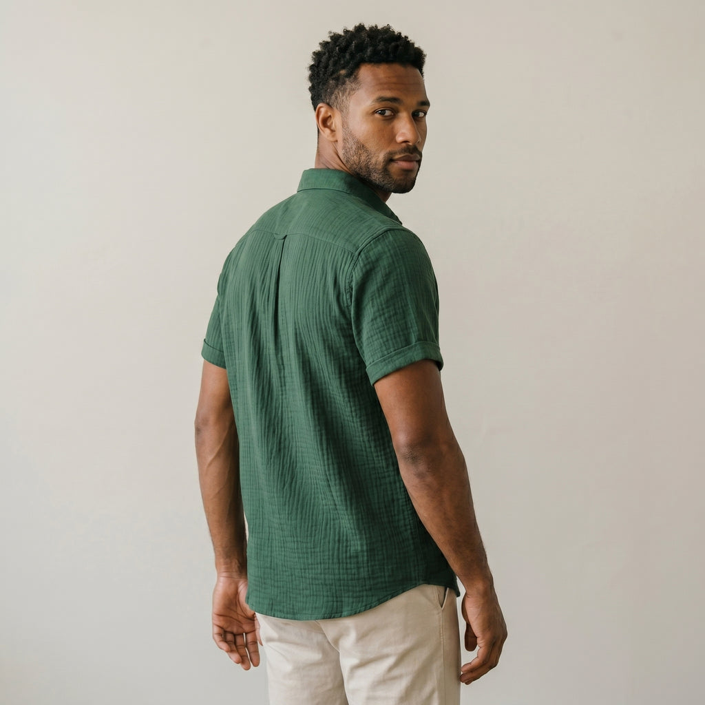 Men's Textured Camp-Collar Short-Sleeve Button-Down Shirt-Azzella London