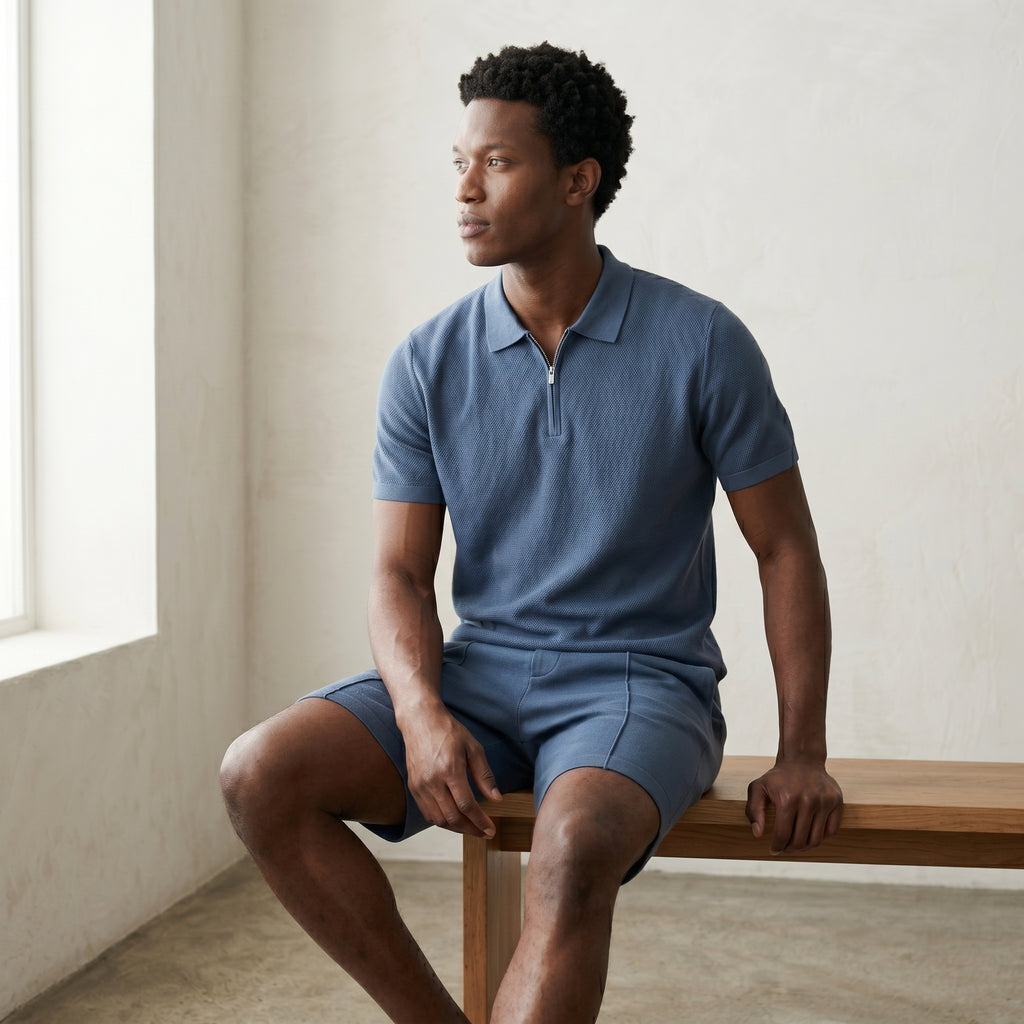 Men's Zip-Up Polo and Shorts Set-Azzella London