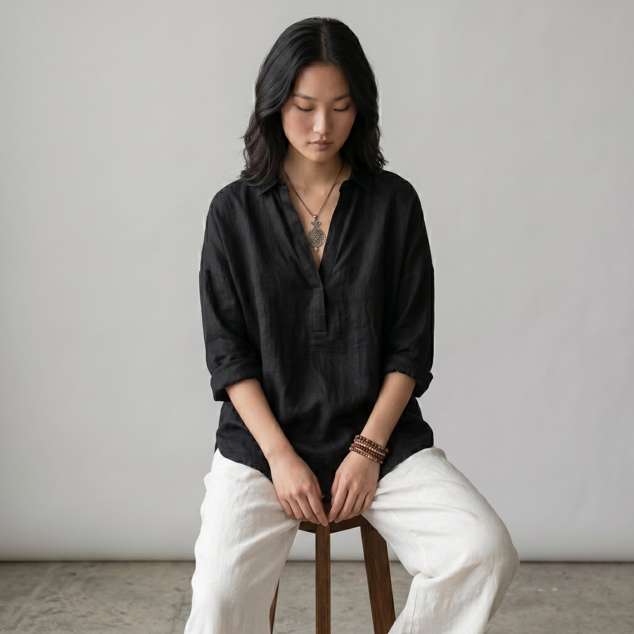Women's Button-Front Linen Shirt with Wide Sleeves