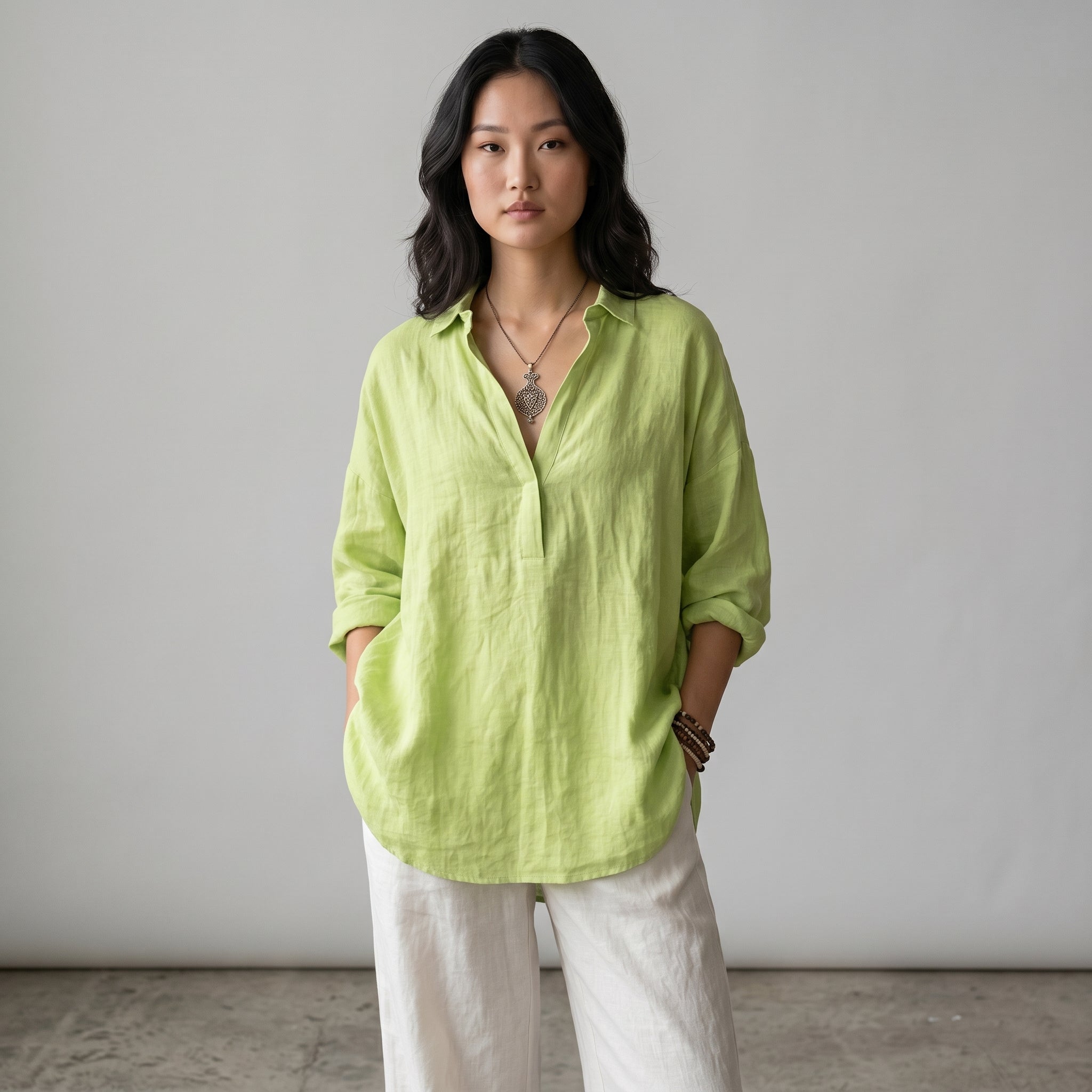 Women's Button-Front Linen Shirt with Wide Sleeves