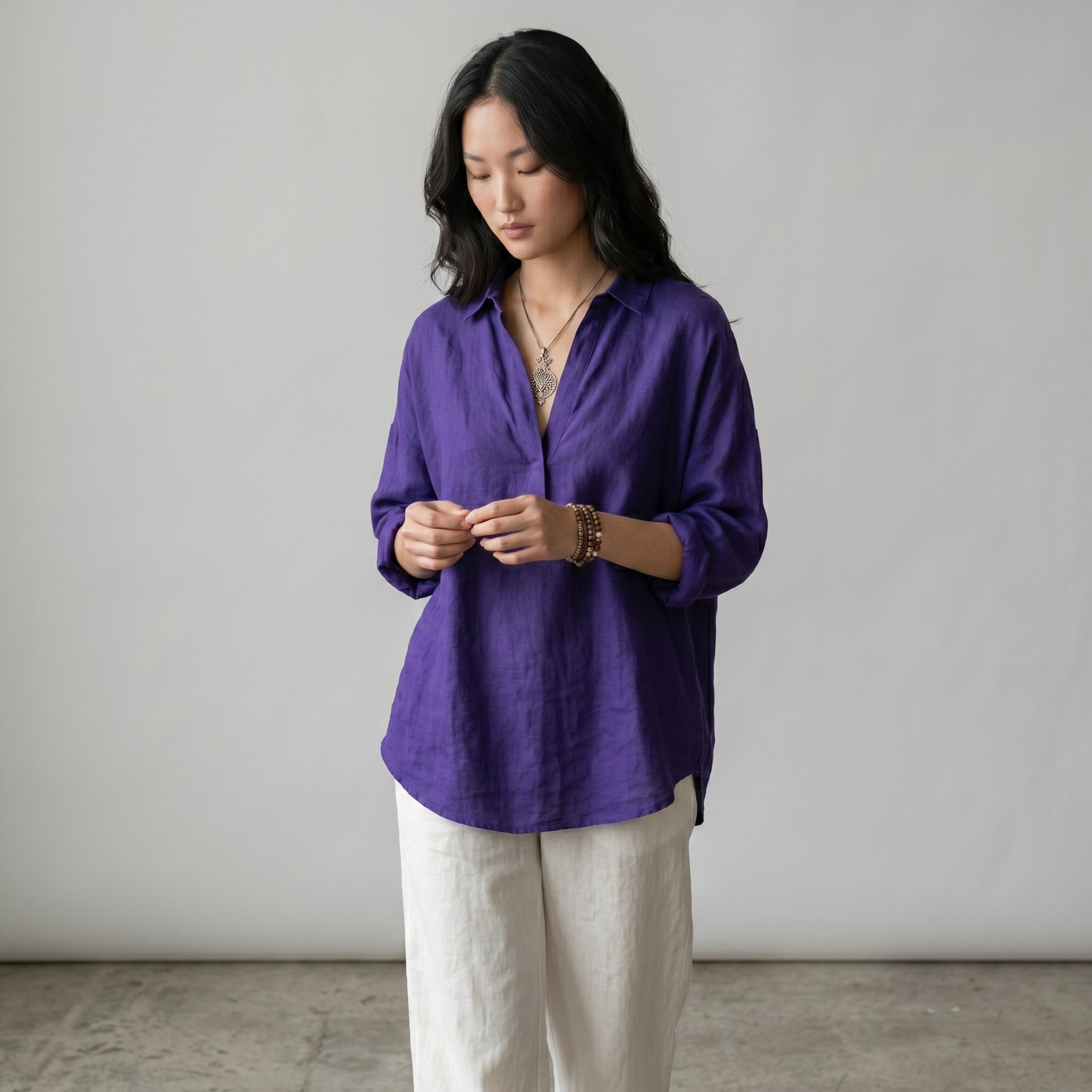 Women's Button-Front Linen Shirt with Wide Sleeves