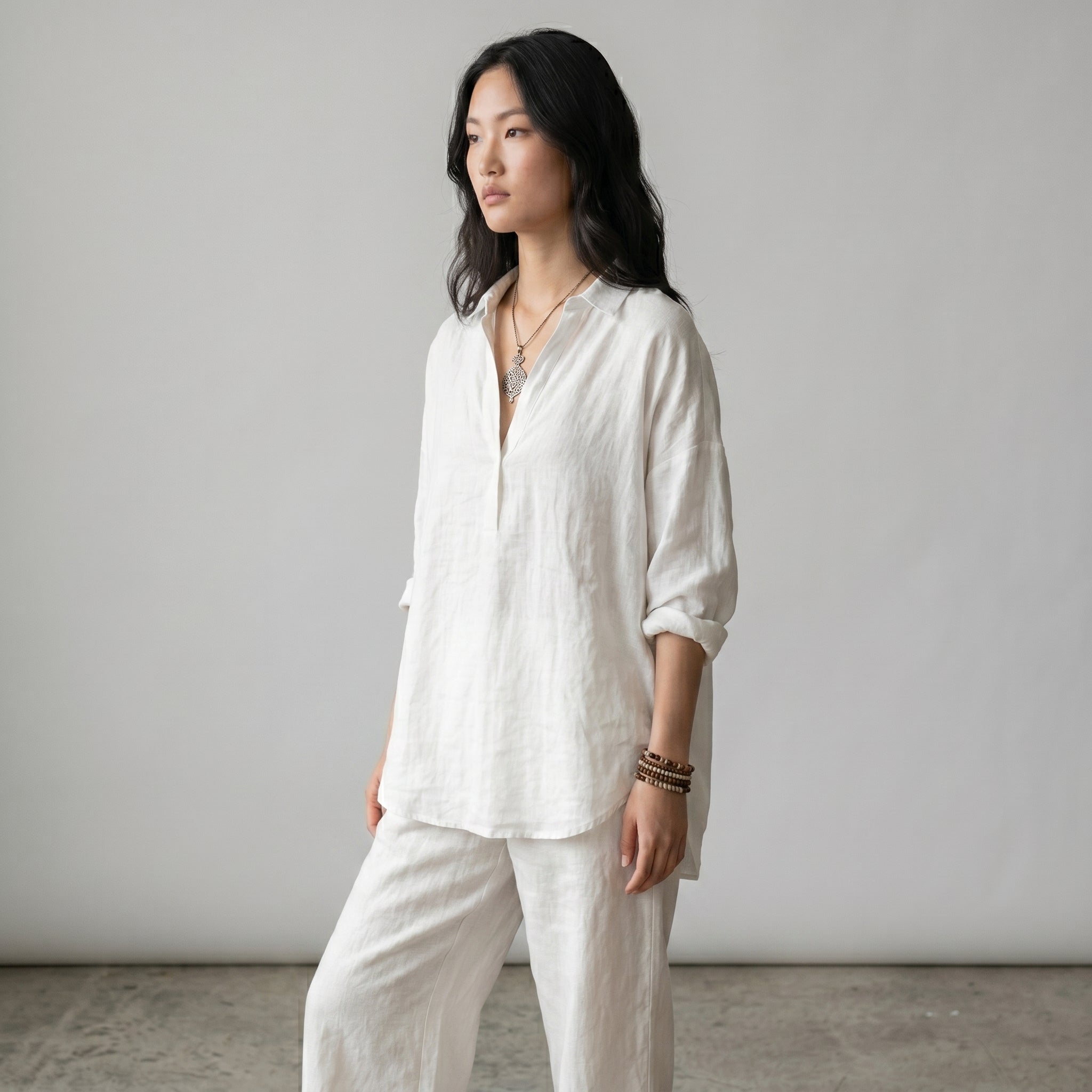 Women's Button-Front Linen Shirt with Wide Sleeves