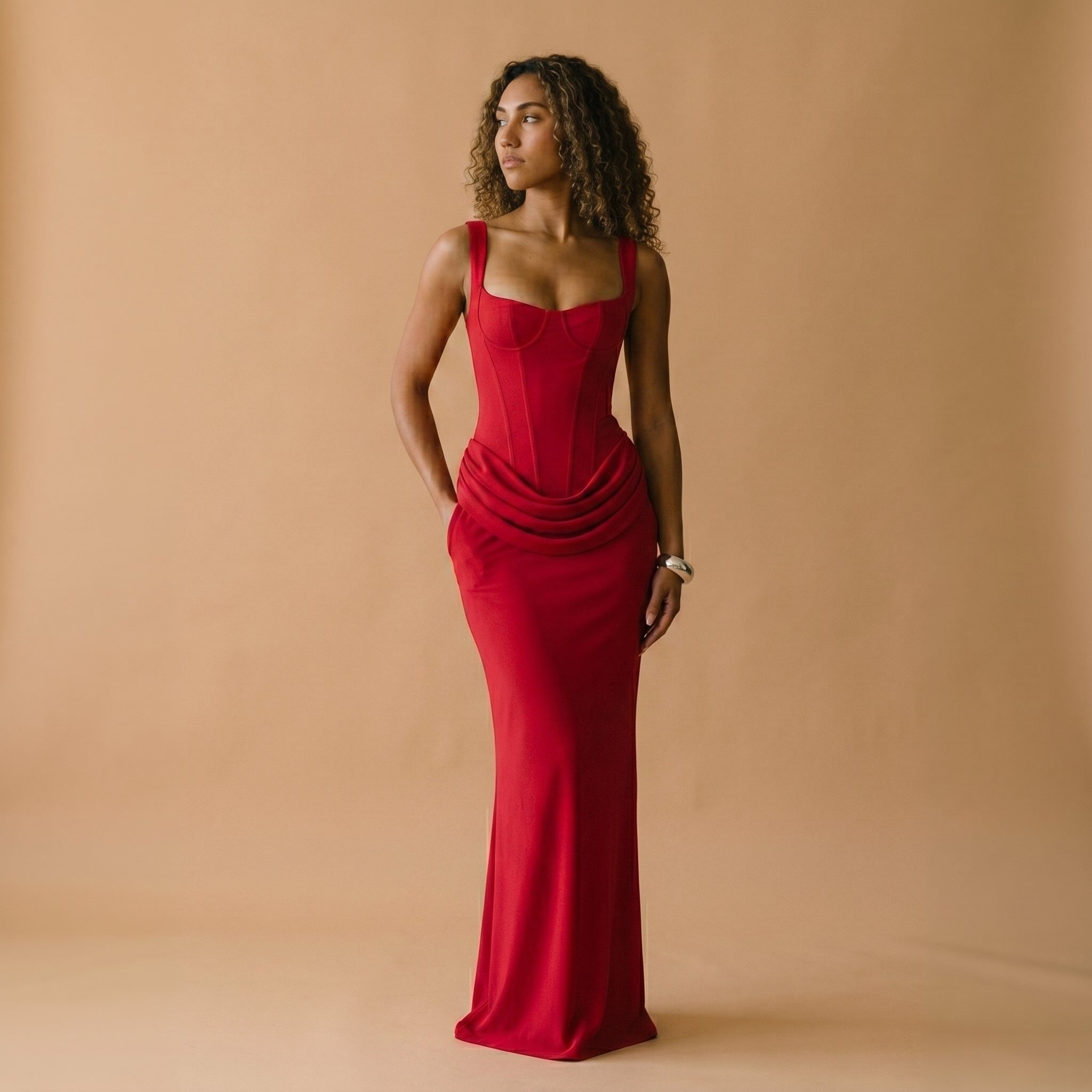 Women's Fitted Maxi Dress with Deep Neckline