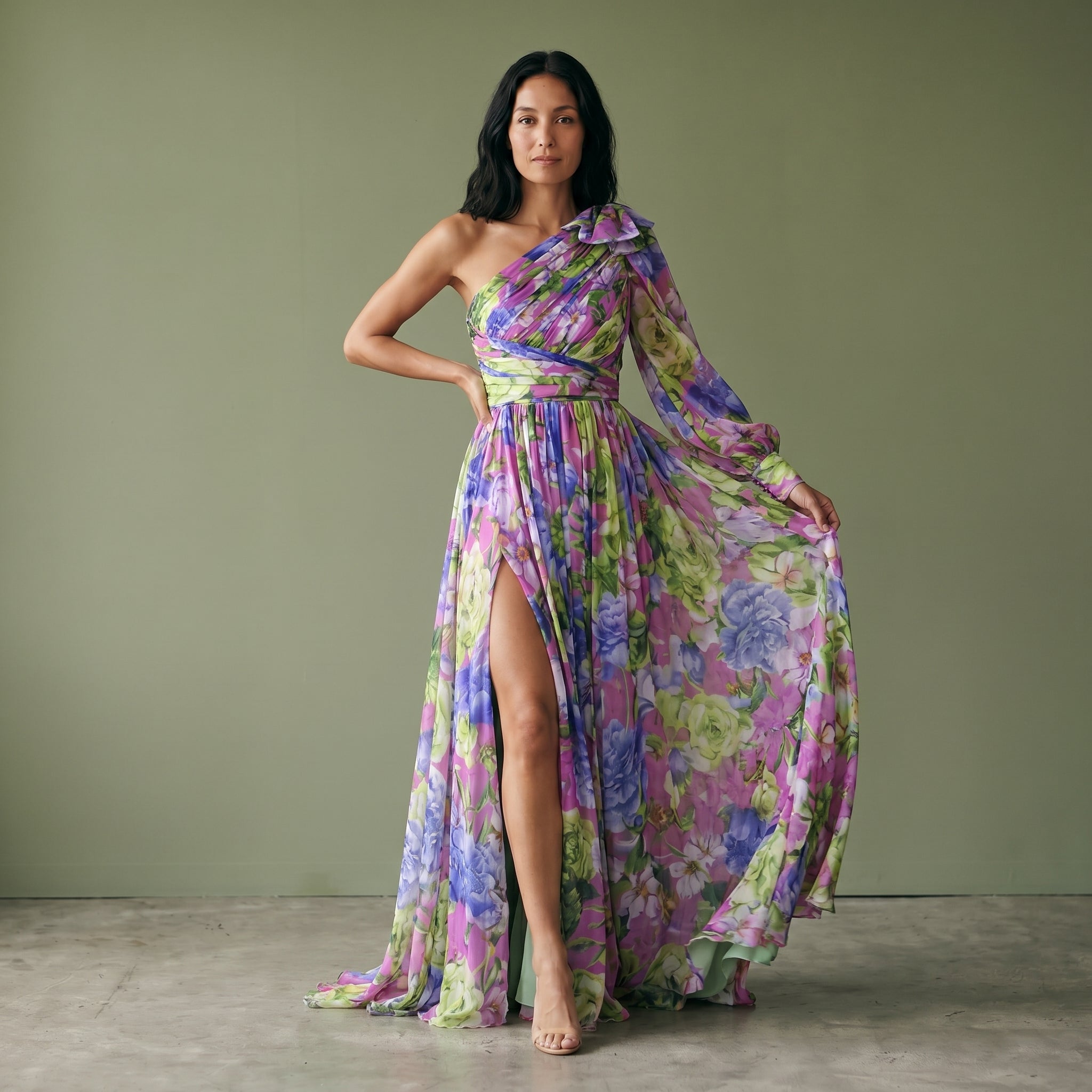 Women's One-Shoulder Floral Maxi Dress with Side Slit