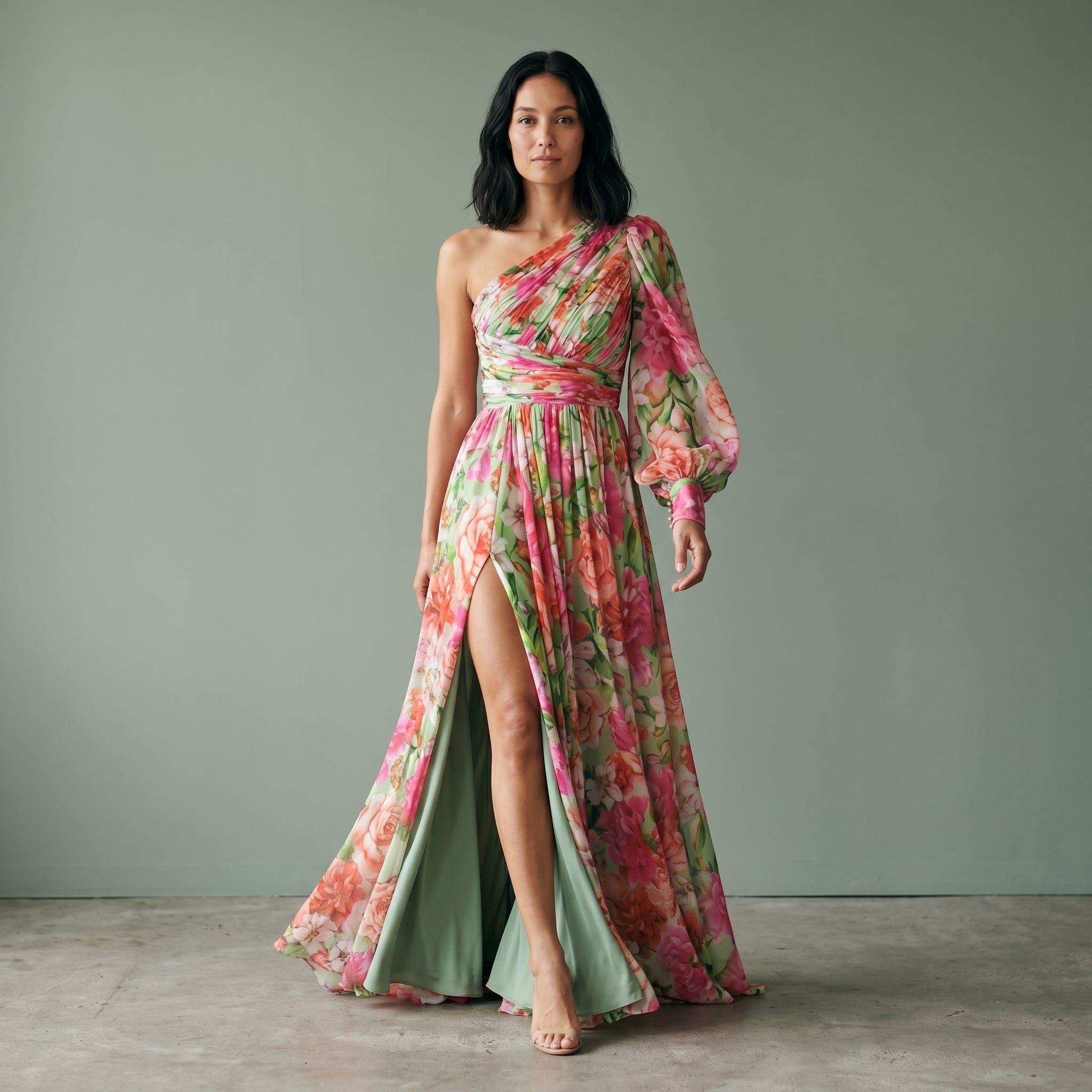 Women's One-Shoulder Floral Maxi Dress with Side Slit