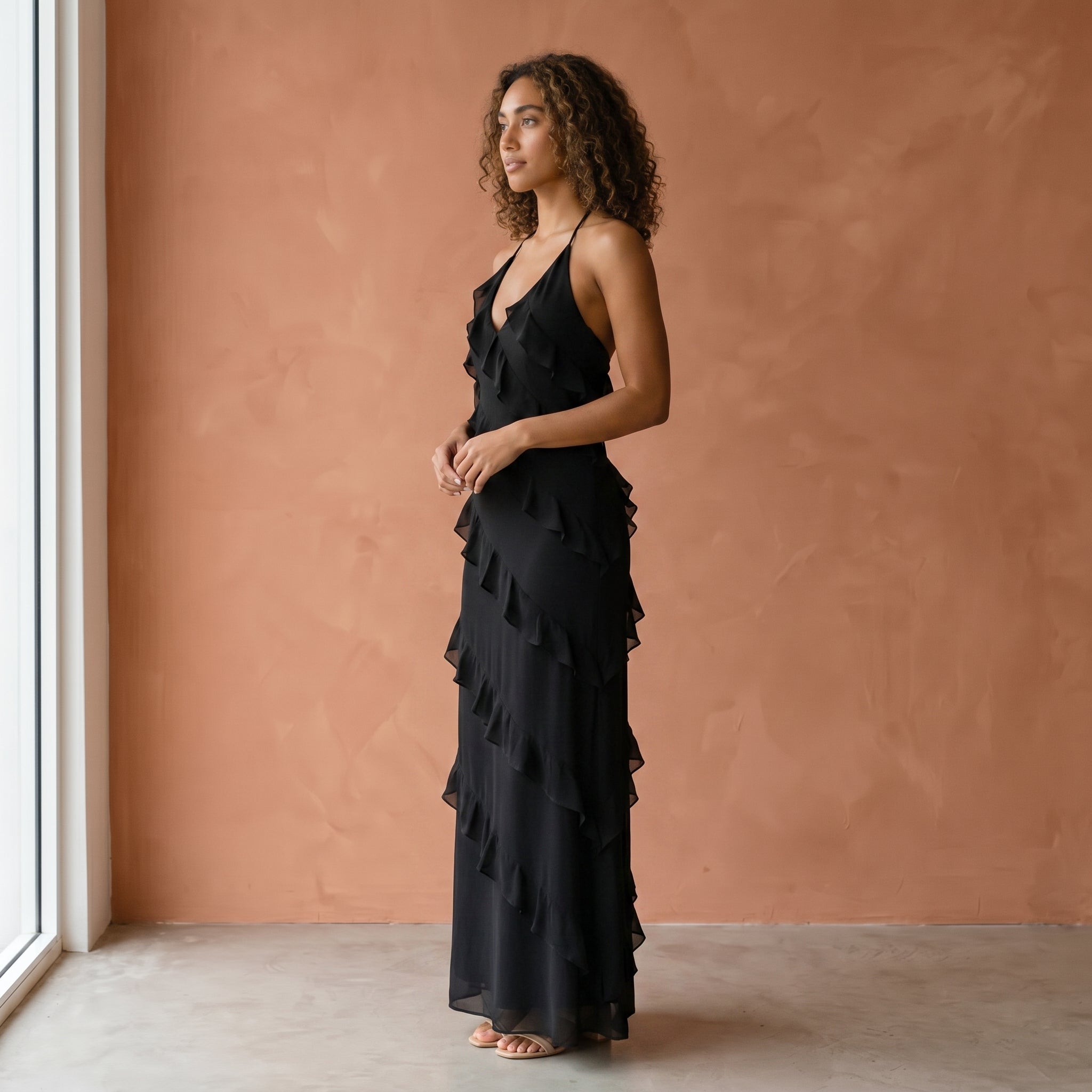 Women's Ruffle Maxi Dress - Halter Neck - Tiered Skirt