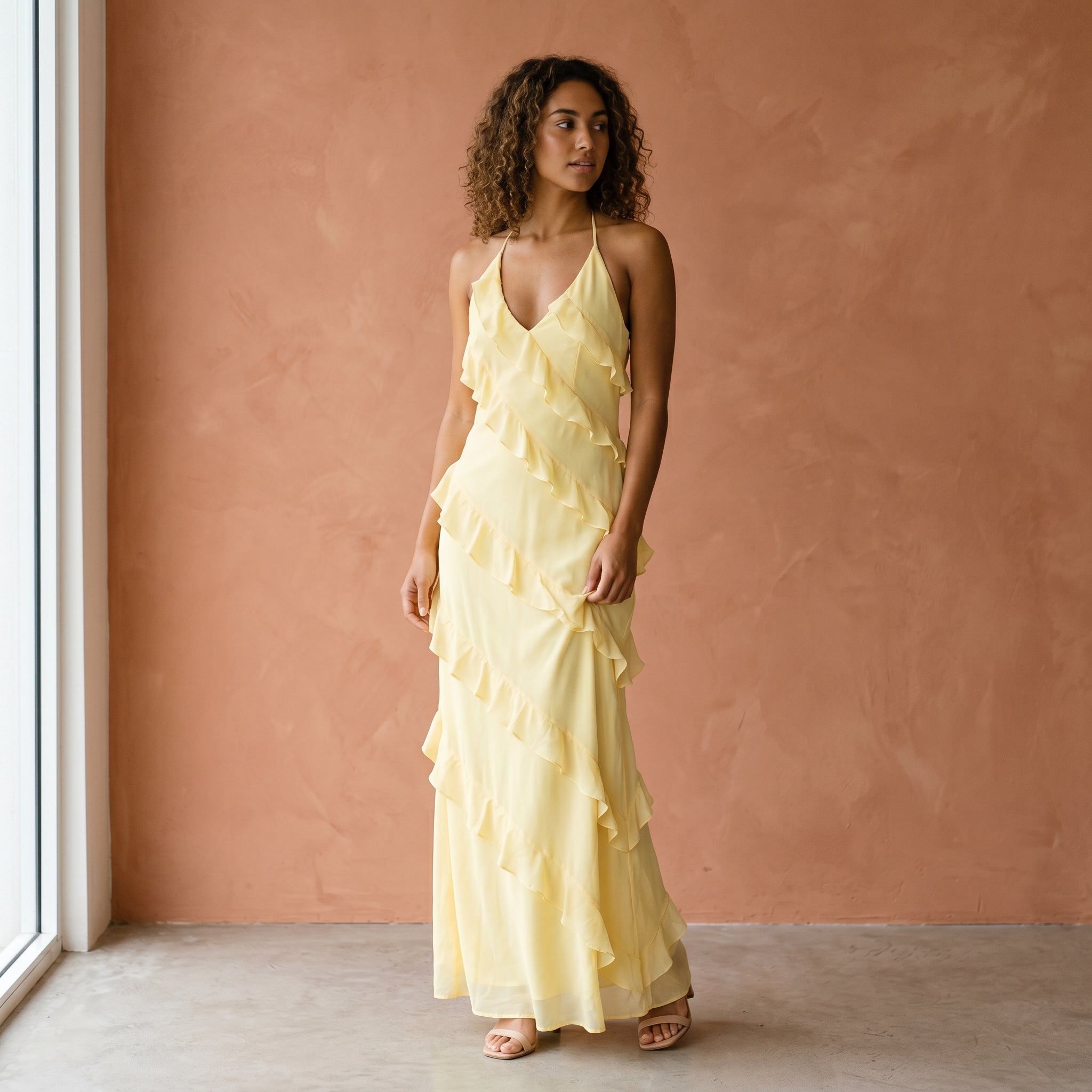 Women's Ruffle Maxi Dress - Halter Neck - Tiered Skirt