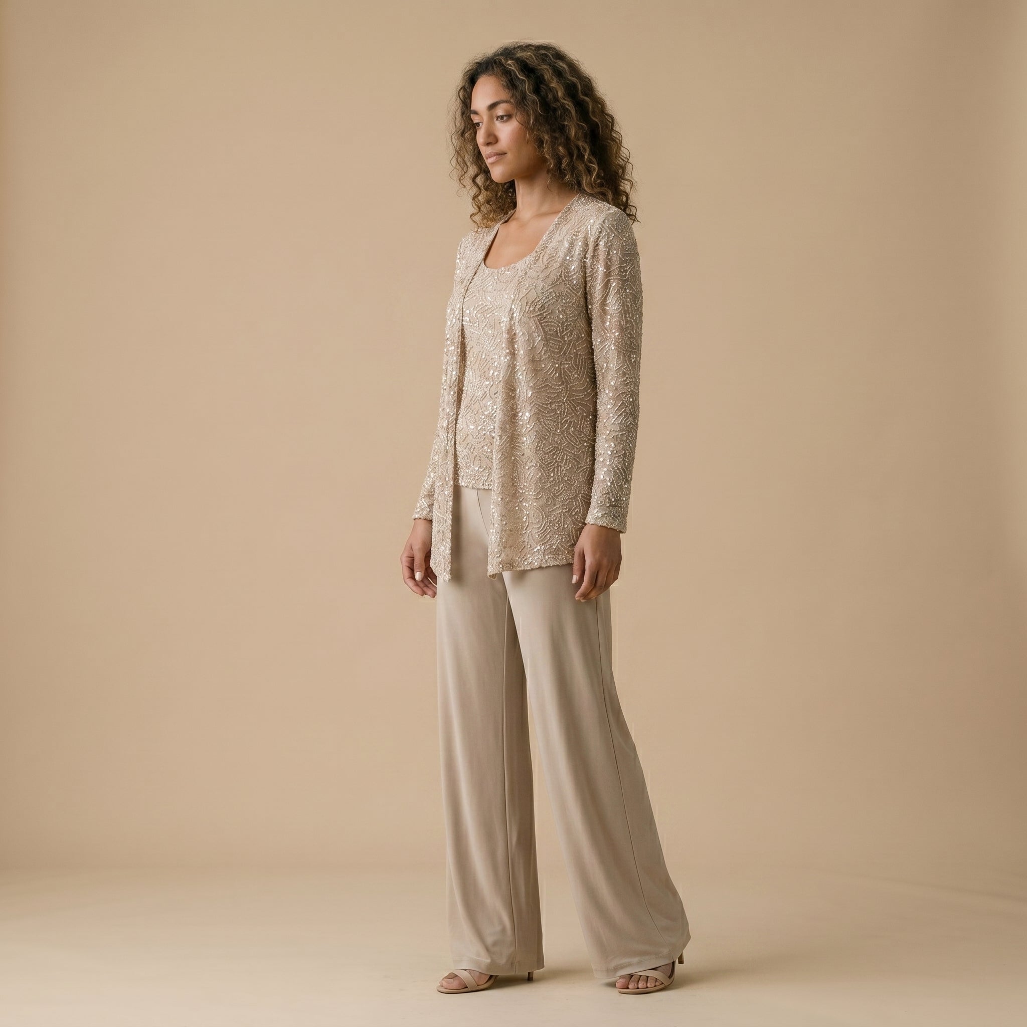 Women's Three-Piece Wide-Leg Trouser Suit with Sequin Lace Jacket