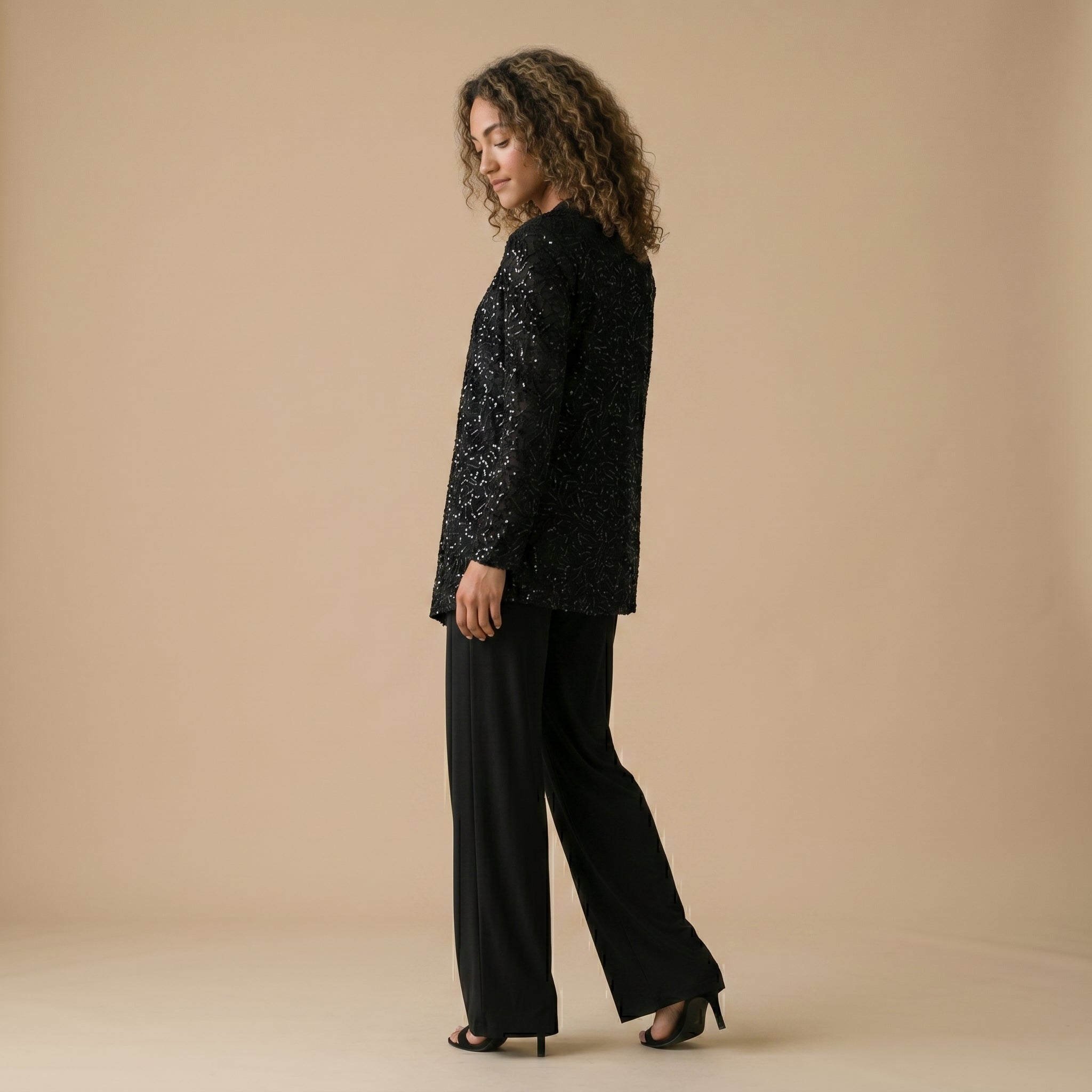 Women's Three-Piece Wide-Leg Trouser Suit with Sequin Lace Jacket