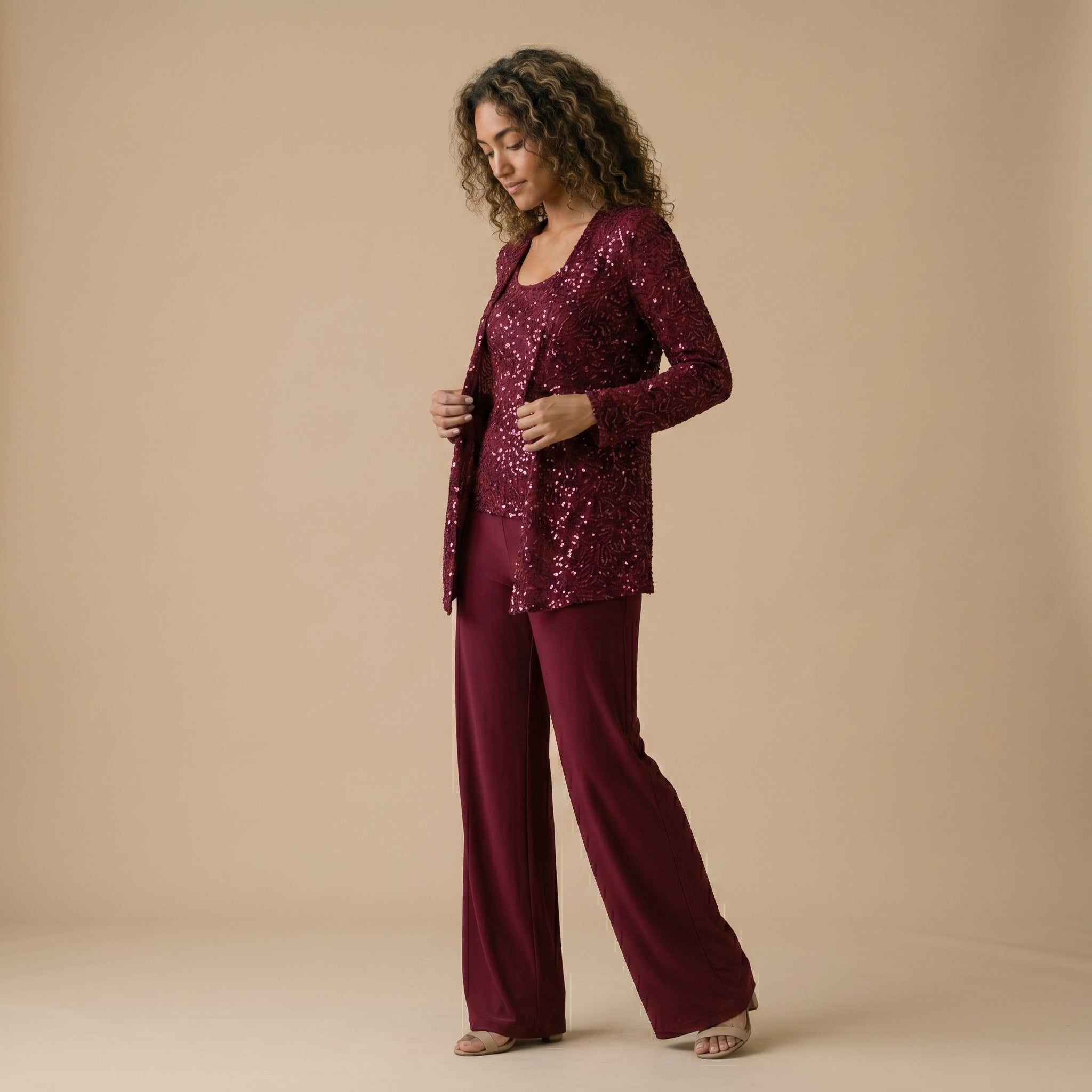 Women's Three-Piece Wide-Leg Trouser Suit with Sequin Lace Jacket