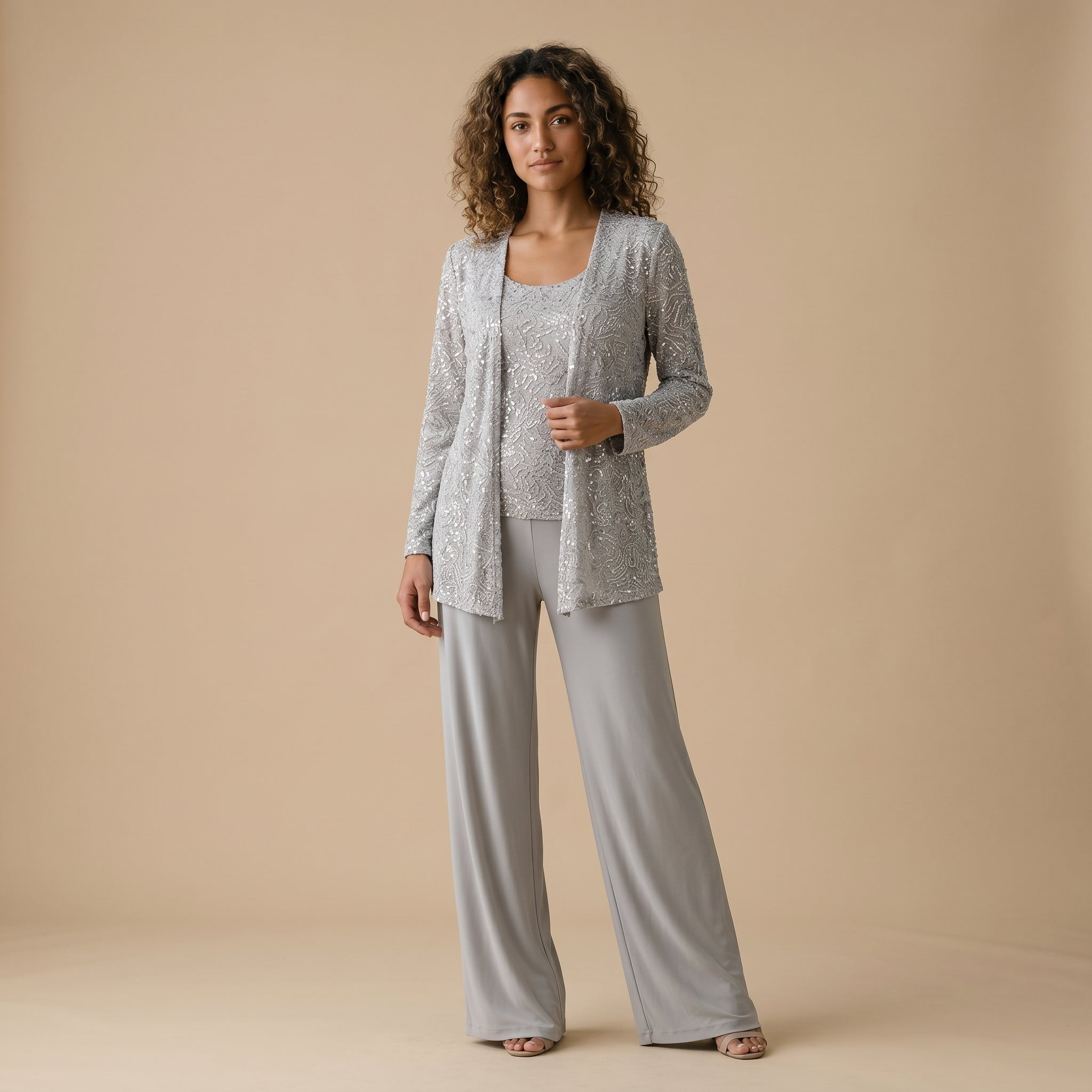 Women's Three-Piece Wide-Leg Trouser Suit with Sequin Lace Jacket