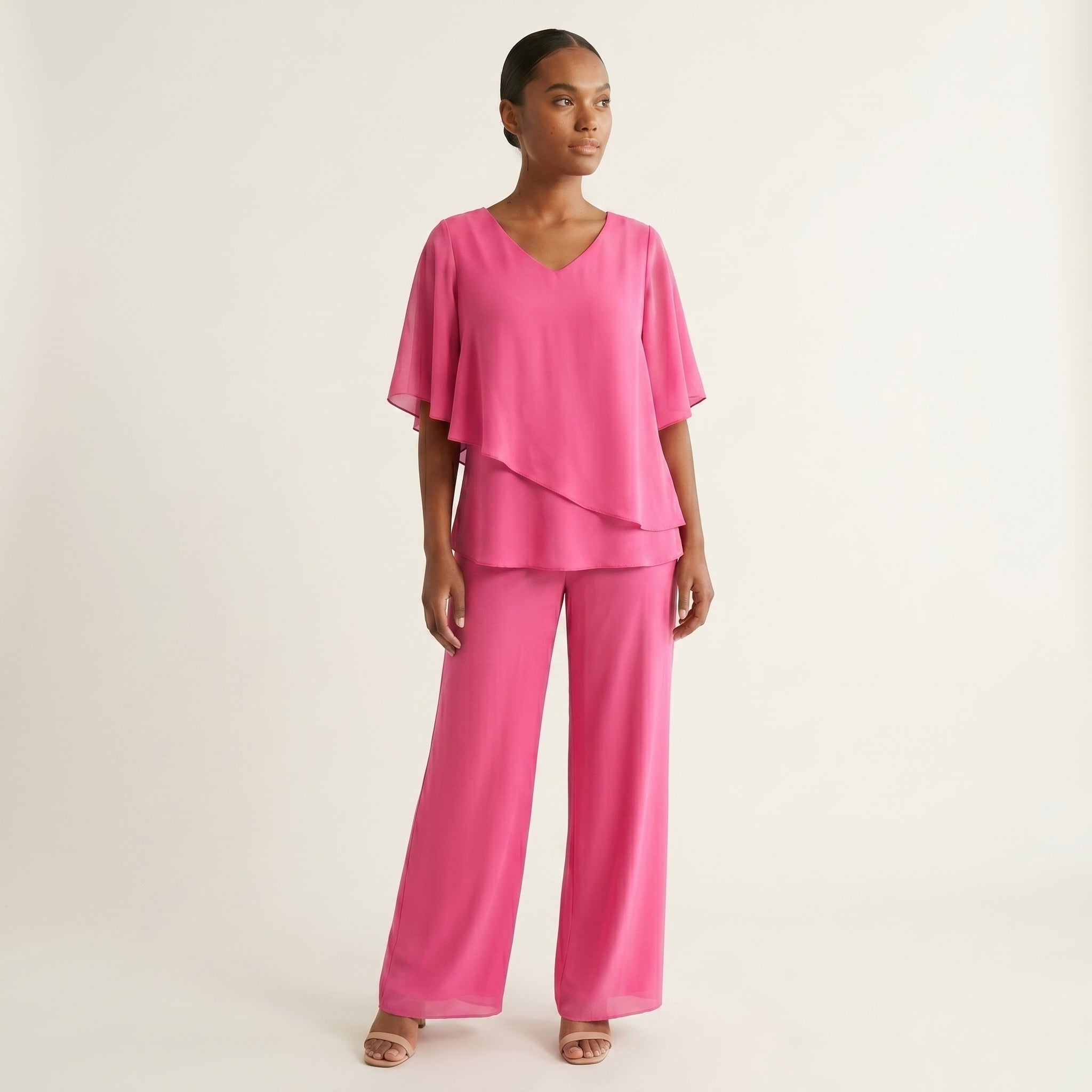 Women's V-Neck Batwing Sleeve Top and Wide-Leg Trousers Set