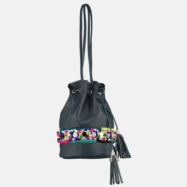 small tassled bucket bag in teal leather with silver metal tassles and  colourful pompom mirrorwork hand embroidery