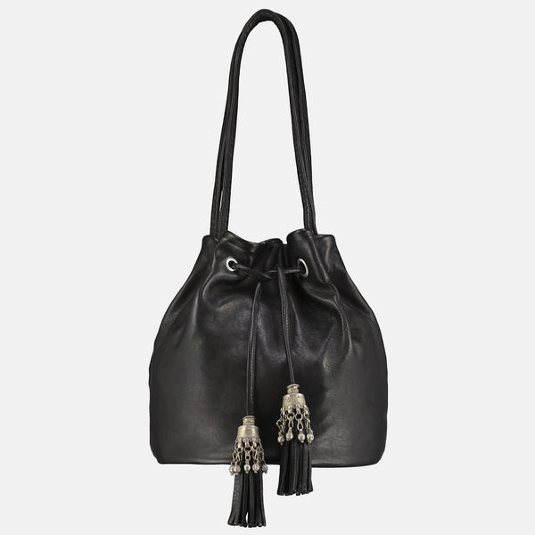 large black leather  shoulder bag, bucket style handbag with large silver metallic tribal jewellery  tassle detail 