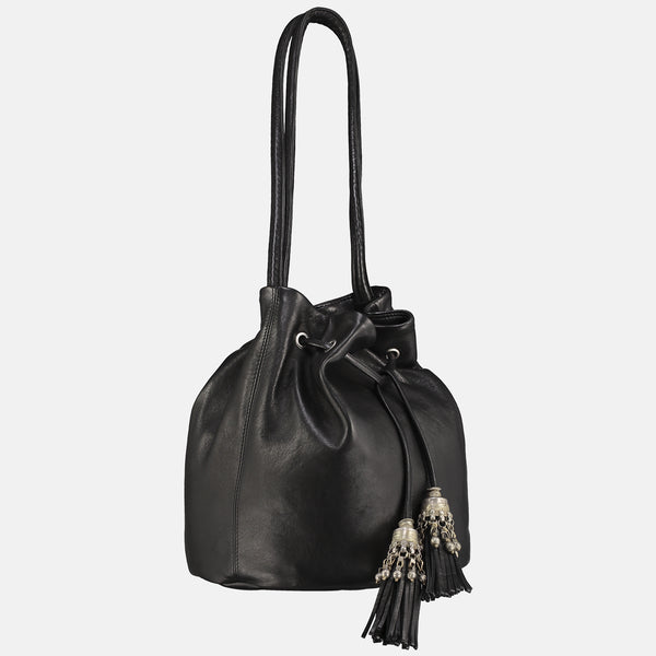 large black handmade handbag side view bucket style with large silver metallic tribal jewellery tassle detail