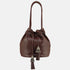 large brown handmade leather handbag . bucket bag style with metallic tassle detail . hand crafted, artisan