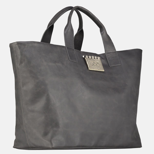 handmade dark grey italian leather tote bag . original artisan weekend bag travel bag vintage tribal pendant silver jewel detail