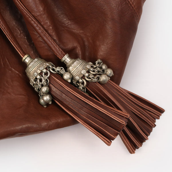 leather artisan  vintage tribal jewellery large silver metallic hair tassle detail banjara 