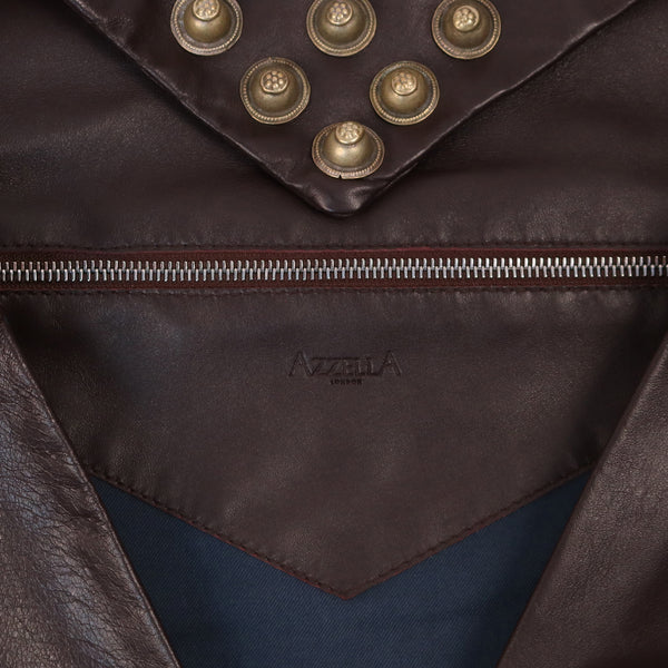 interior zip pocket detail dark brown lamb nappa  leather metallic tribal studs detail