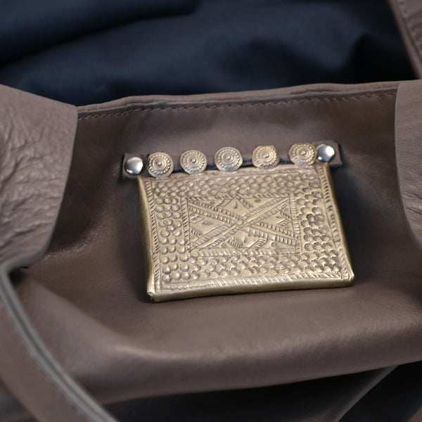weekend bag grey leather vintage jewellery tribal pendant silver metallic detail
